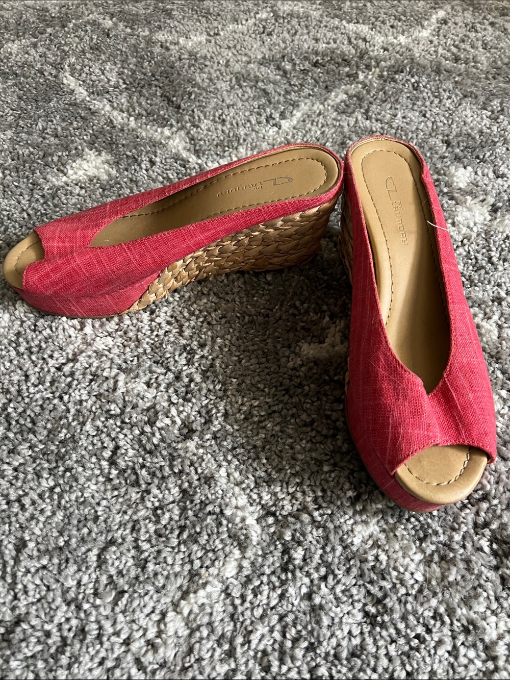 CL by Laundry Coral-Red Woven Peep-Toe Wedge Sandals